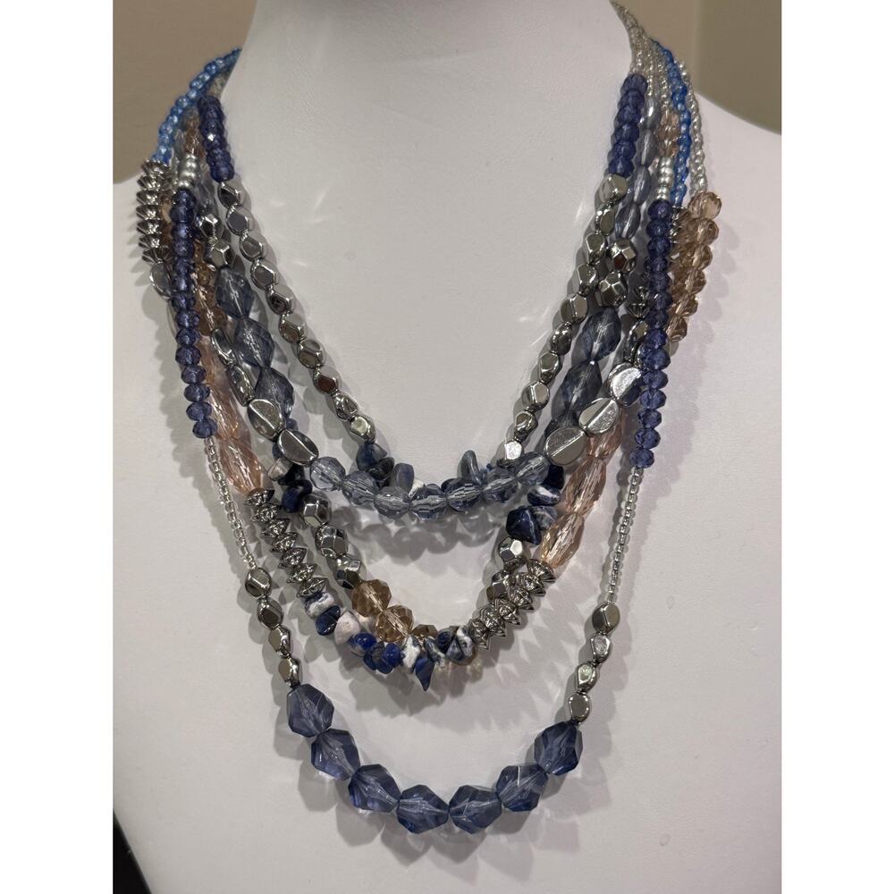 Premiere Designs Blue & Silver Bead Multi-Strand Statement Necklace Boho